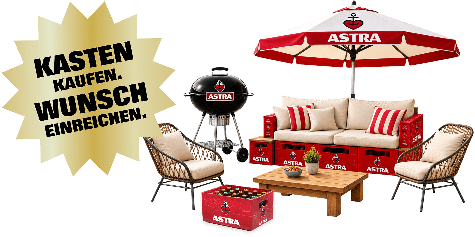 Ein Sonnenschirm, Grill, Astra Kasten mit Bierflaschen und Couch-Set. Daneben: 'Kasten kaufen. Wunsch einreichen.'