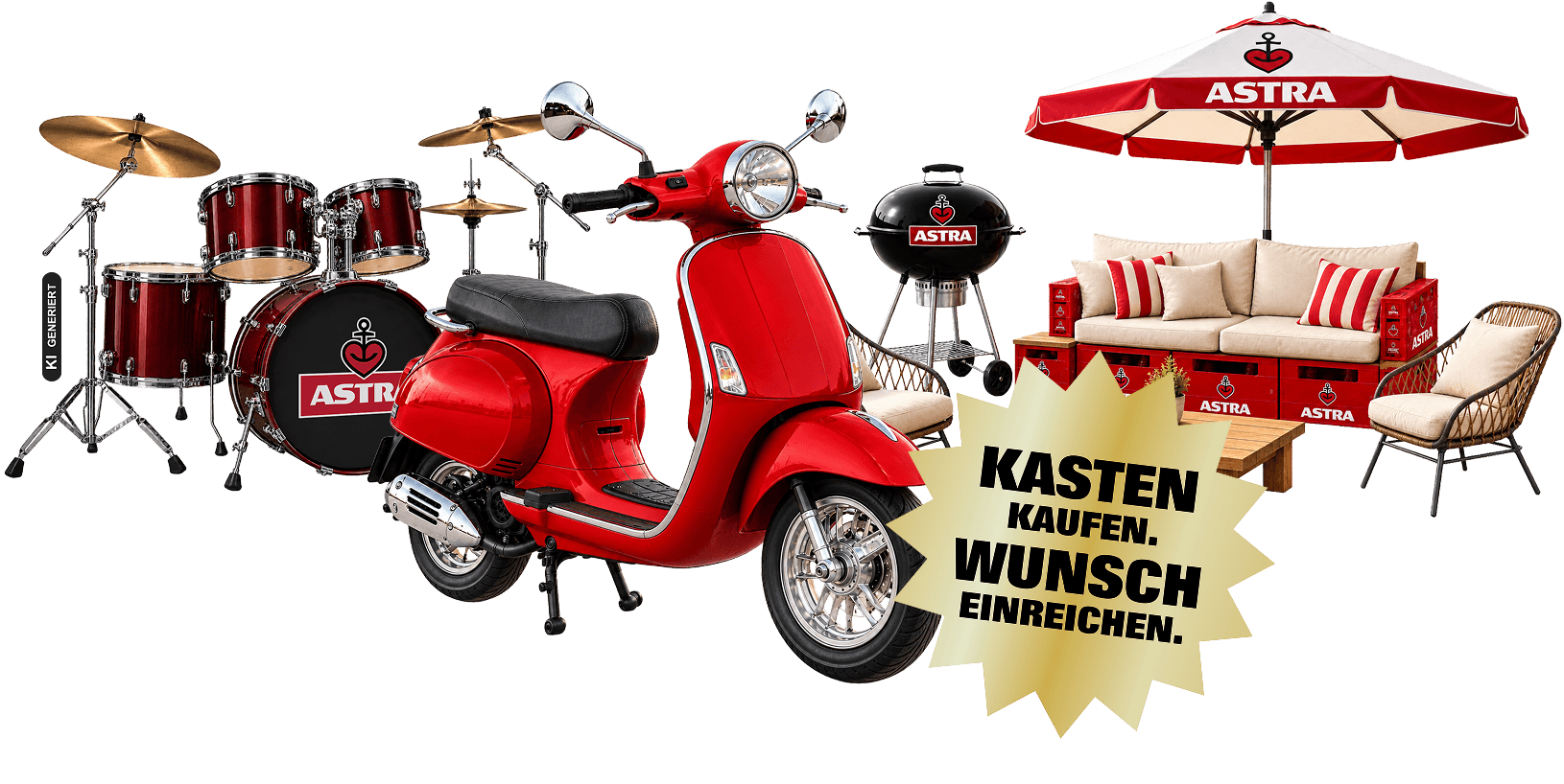 Ein Schlagzeug, Motorroller, Grill & Counch-Set. Daneben: 'Kasten kaufen. Wunsch einreichen.'